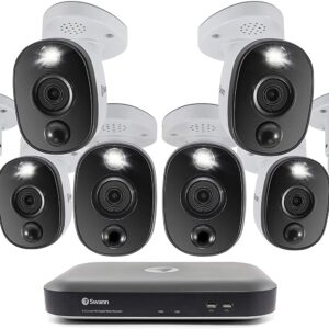 Swann Home Security Camera System, 8 Channel 8 Bullet Cams, 4K Ultra HD DVR, Indoor/Outdoor Wired Surveillance CCTV, Color Night Vision, Motion Sensor Lights, Alexa + Google, 2TB HDD, SWDVK-855808WL